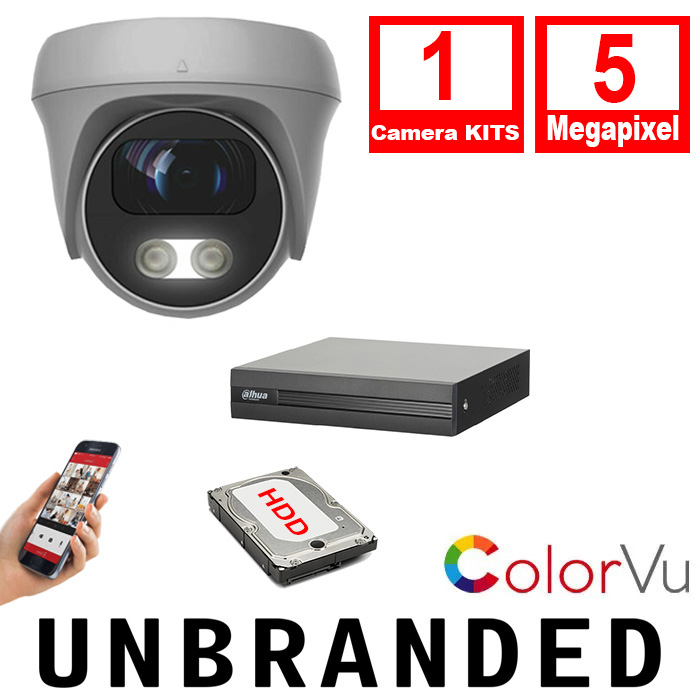 1xCAM-COLORVU-5MP-LTW - XVR1B08H Unbranded CCTV Kit 1xCamera 3.6mm Lens Colorvu Turret Camera 5MP 25m IR DVR 8 CH 5MP Hybrid - 1xCAM-COLORVU-5MP-LTW - XVR1B08H