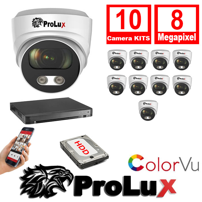 10x PXC-614F8WL - PXD-8216-HYK8MP Prolux 10x Cameras 2.8mm Lens 8MP 30m IR Colorvu Turret Camera 16Ch 8MP Hybrid DVR Security Kit - 10x PXC-614F8WL - PXD-8216-HYK8MP