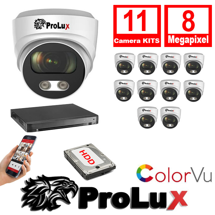 11x PXC-614F8WL - PXD-8216-HYK8MP Prolux 11x Cameras 2.8mm Lens 8MP 30m IR Colorvu Turret Camera 16Ch 8MP Hybrid DVR Security Kit - 11x PXC-614F8WL - PXD-8216-HYK8MP