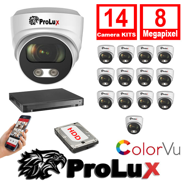 14x Cameras 2.8mm Lens 8MP 30m IR Colorvu Turret Camera 16Ch 8MP Hybrid DVR Security Kit - 14x PXC-614F8WL - PXD-8216-HYK8MP Prolux 14x Cameras 2.8mm Lens 8MP 30m IR Colorvu Turret Camera 16Ch 8MP Hybrid DVR Security Kit - 14x PXC-614F8WL - PXD-8216-HYK8MP
