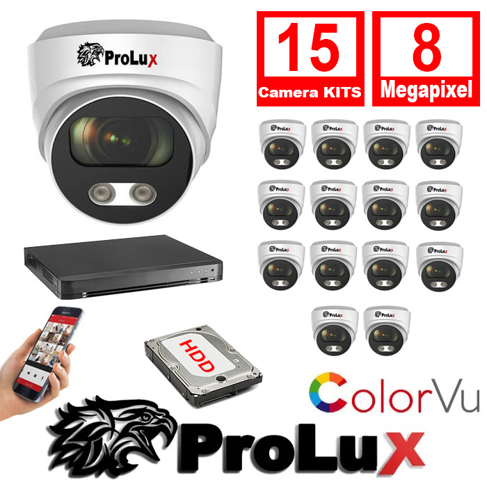 15x PXC-614F8WL - PXD-8216-HYK8MP Prolux 15x Cameras 2.8mm Lens 8MP 30m IR Colorvu Turret Camera 16Ch 8MP Hybrid DVR Security Kit - 15x PXC-614F8WL - PXD-8216-HYK8MP
