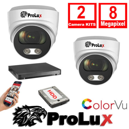 Prolux 2x Cameras 2.8mm Lens 8MP 30m IR Colorvu Turret Camera 16Ch 8MP Hybrid DVR Security Kit - 2x PXC-614F8WL - PXD-8216-HYK8MP