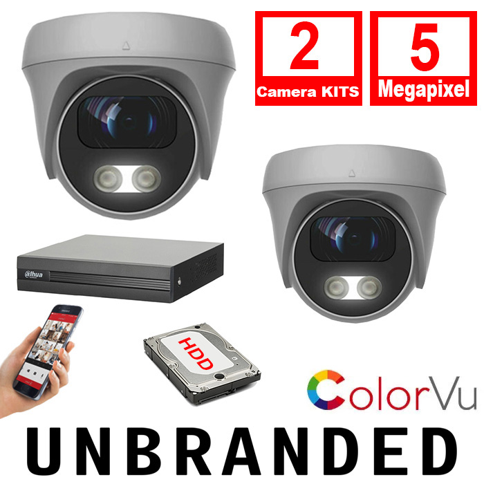 2xCAM-COLORVU-5MP-LTW - XVR1B08H Unbranded CCTV Kit 2xCameras 3.6mm Lens Colorvu Turret Camera 5MP 25m IR DVR 8 CH 5MP Hybrid - 2xCAM-COLORVU-5MP-LTW - XVR1B08H