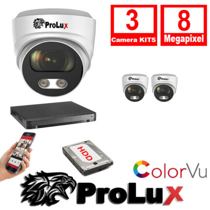 Prolux 3x Cameras 2.8mm Lens 8MP 30m IR Colorvu Turret Camera 16Ch 8MP Hybrid DVR Security Kit - 3x PXC-614F8WL - PXD-8216-HYK8MP