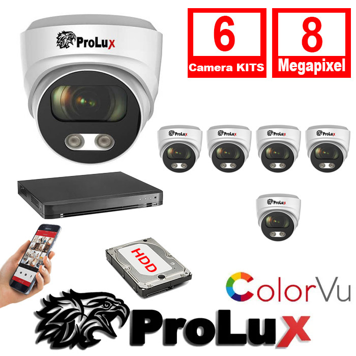 9x PXC-614F8WL - PXD-8216-HYK8MP Prolux 9x Cameras 2.8mm Lens 8MP 30m IR Colorvu Turret Camera 16Ch 8MP Hybrid DVR Security Kit - 9x PXC-614F8WL - PXD-8216-HYK8MP