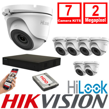 HiLook By Hikvision 7xCameras 2.8mm 2MP CCTV Turret Camera Full HD 20m IR DVR 8 CH 2MP AOC – 7xTHC-T120-MC- DVR-208G-F1(B)(S)