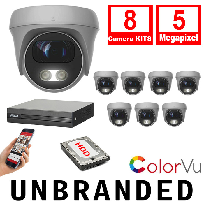 8xCAM-COLORVU-5MP-LTW - XVR1B08H Unbranded CCTV Kit 8xCameras 3.6mm Lens Colorvu Turret Camera 5MP 25m IR DVR 8 CH 5MP Hybrid - 8xCAM-COLORVU-5MP-LTW - XVR1B08H
